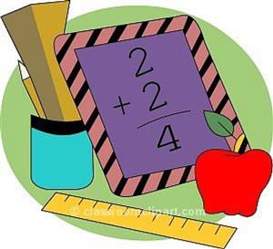 a picture of a  book with the numbers two, two, and four. Also it has a ruler, a pencil and an apple 