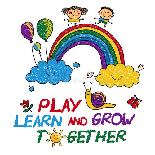 Two kids playing on a rainbow. Below the rainbow it says Play, Learn, and Grow Together 